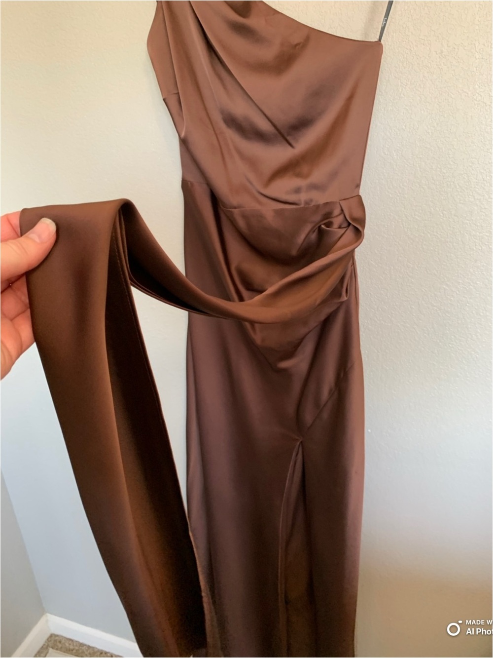 Lulus XS Signature Elegance Chocolate Brown Satin One Shoulder Maxi Dress NWT - Picture 7 of 17